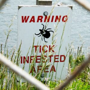a sign that reads "Warning. Tick infested area" in a patch of grass in front of a body of water.