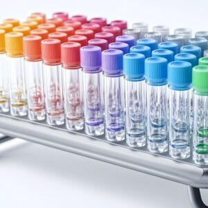 colorful test tubes in a rack